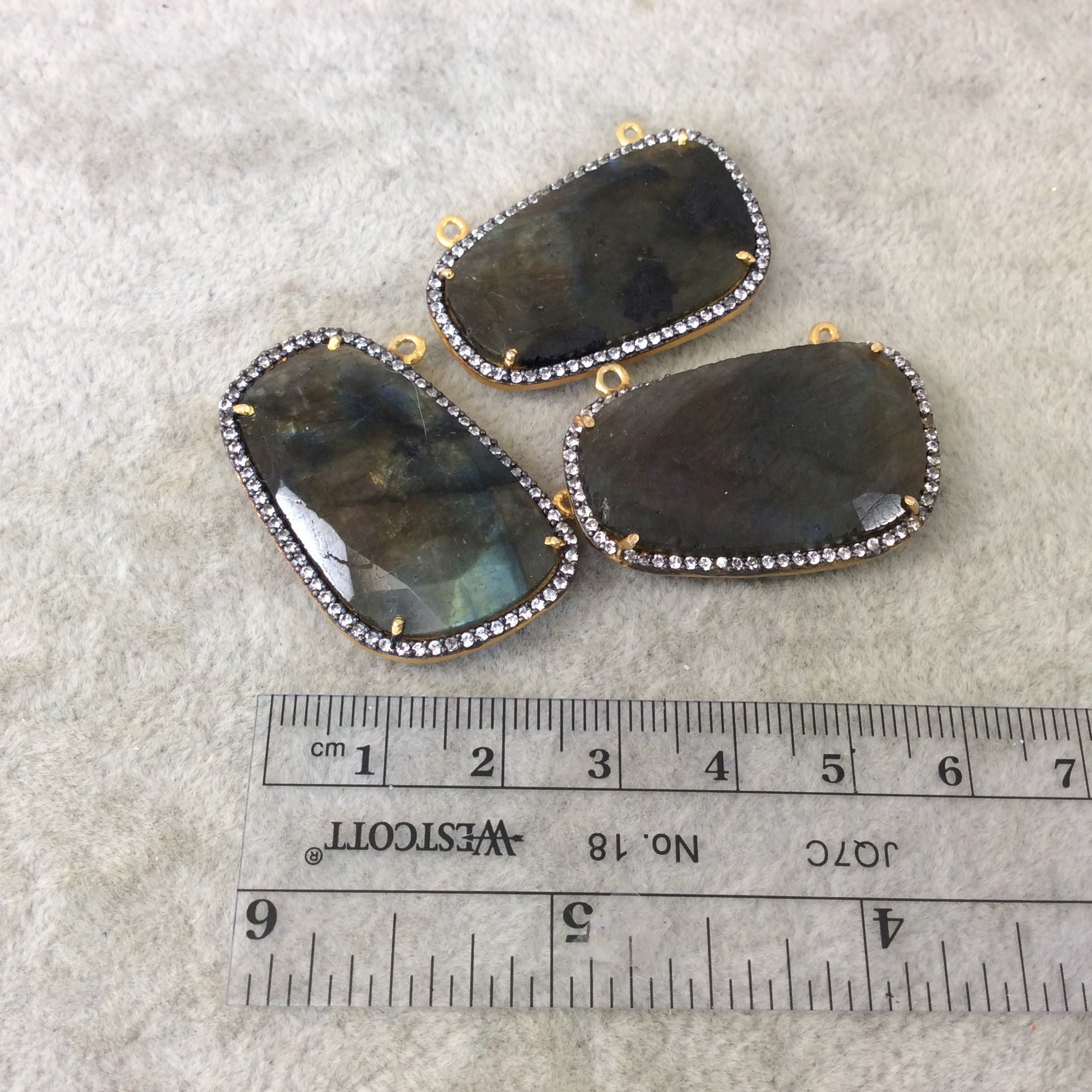 Gold Finish Faceted CZ Rimmed Earthy Brown Labradorite Freeform Shaped Bezel Pendant/Connector - Measures 34mm x 19mm - Sold Individually