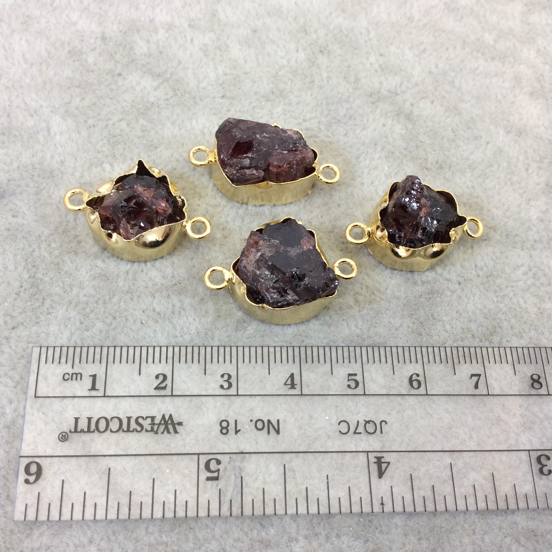 Gold Finish Medium Raw Nugget Genuine Garnet Wavy Bezel Connector - ~ 16mm - 20mm Long - Sold Individually, Selected Randomly