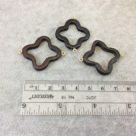 Small Dark Brown Open Quatrefoil Shaped Natural Ox Bone Focal Connector W Attached Gold Suspension Rings - Measures 30mm x 30mm, Approx.