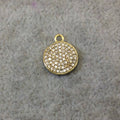 Tiny Gold Finish Round/Coin Shaped CZ Cubic Zirconia Inlaid Plated Copper Pendant Component - Measuring 11mm x 11mm  - Sold Individually