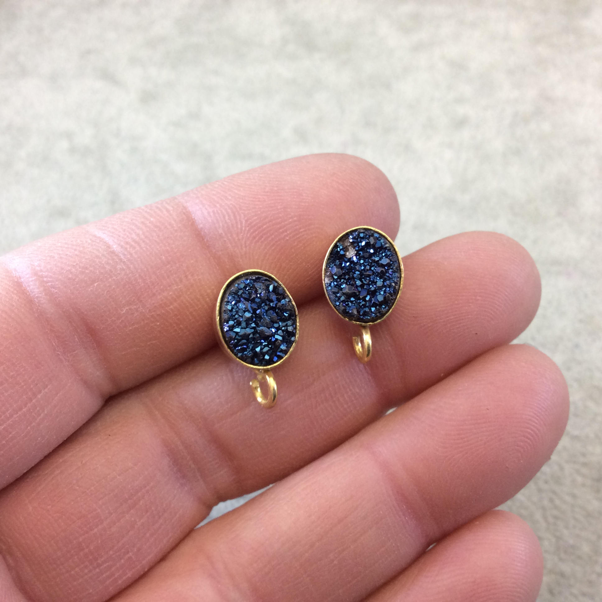 One Pair of BACKLESS Dark Blue Color Coated Natural Druzy Oval Shape Gold Plated Stud Earrings W Attached Jump Rings - Measuring 8mm x 10mm