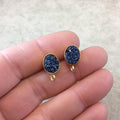 One Pair of BACKLESS Dark Blue Color Coated Natural Druzy Oval Shape Gold Plated Stud Earrings W Attached Jump Rings - Measuring 8mm x 10mm