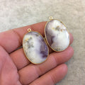 One Pair of OOAK Gold Finish Smooth Dendritic Opal Oval/Oblong Shaped Bezel Pendants "DOGD05" - Measuring 25mm x 34mm - Natural Gemstone