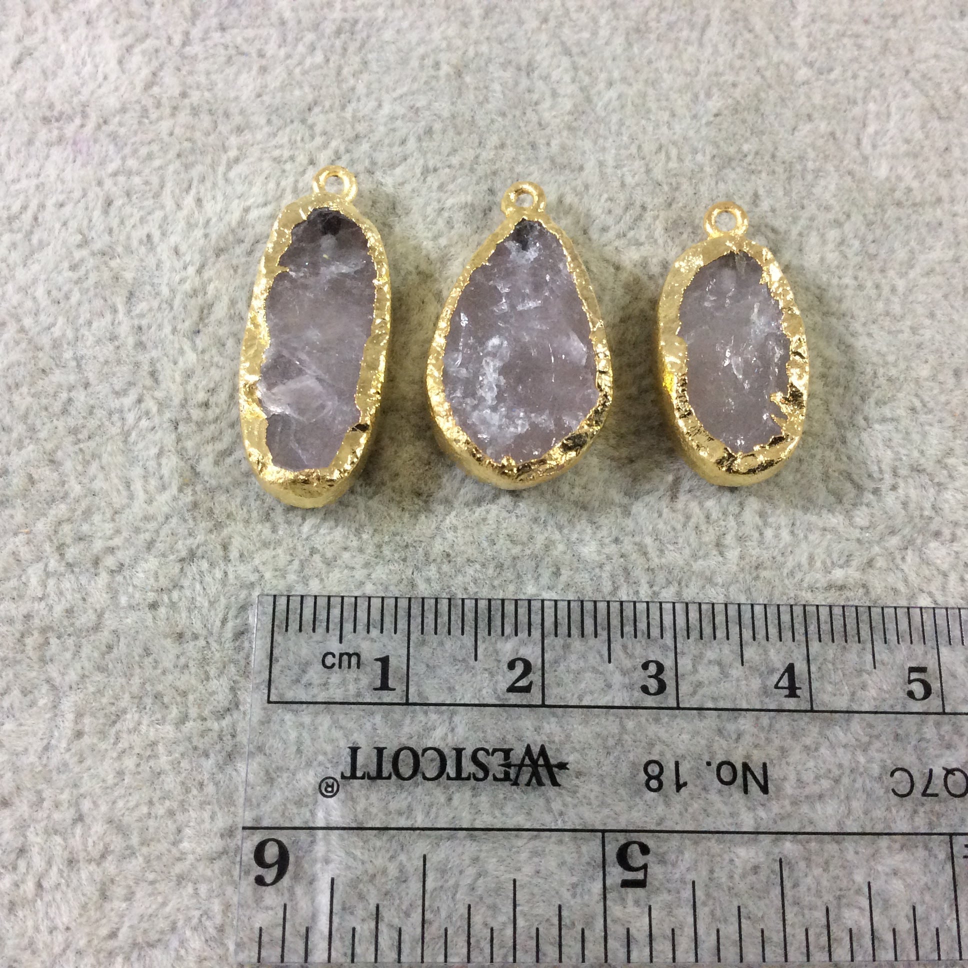 Jeweler's Lot  of Three Gold Electroformed Natural Rough Rose Quartz Freeform Pendants "RQE22"- ~  20mm - 25mm Long - Quality Raw Gemstone