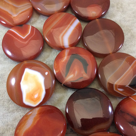 Natural Orange Red Banded Agate Round/Coin Beads - 15.25" Strand (~ 10 Beads) - Measures 40mm x 40mm, Approximately - Sold by the Strand