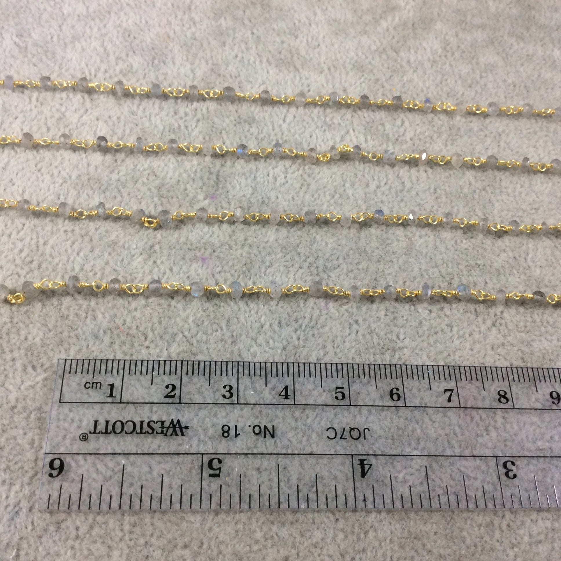 Gold Plated Sterling Silver Wrapped Rosary Chain with 3-4mm Faceted Labradorite Rondelle Shape Beads - Sold per Foot! (SS003-GD)