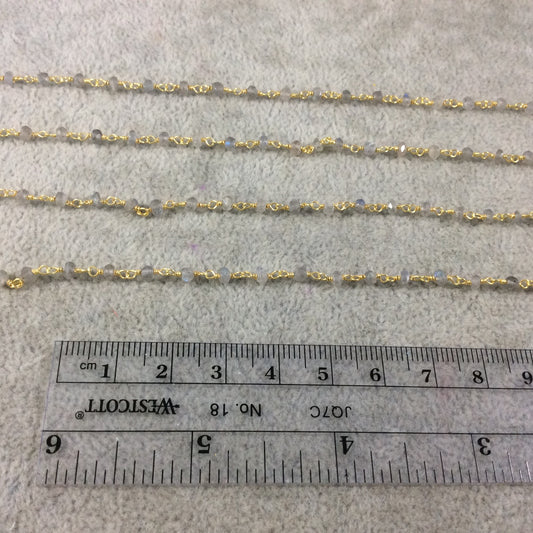 Gold Plated Sterling Silver Wrapped Rosary Chain with 3-4mm Faceted Labradorite Rondelle Shape Beads - Sold per Foot! (SS003-GD)