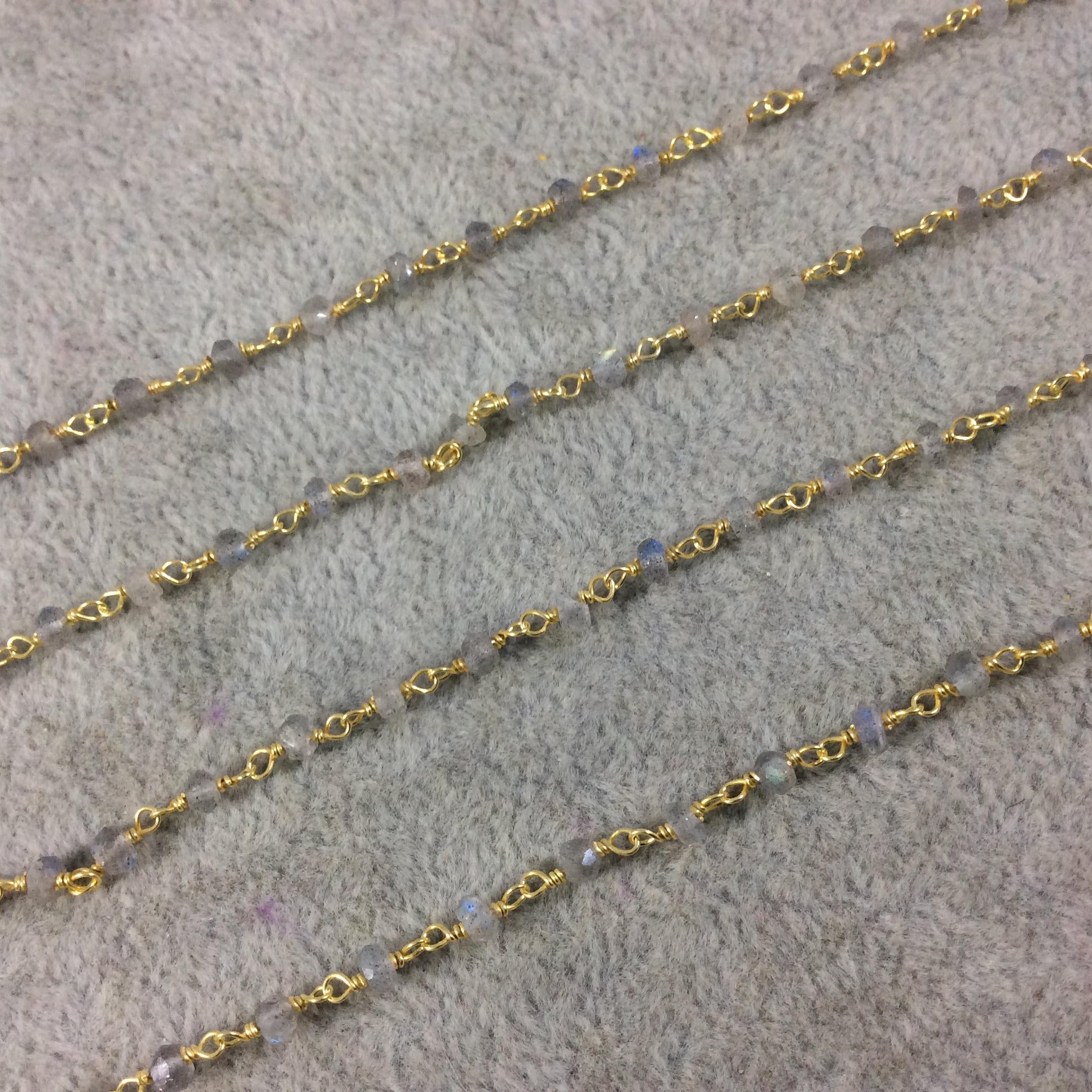 Gold Plated Sterling Silver Wrapped Rosary Chain with 3-4mm Faceted Labradorite Rondelle Shape Beads - Sold per Foot! (SS003-GD)