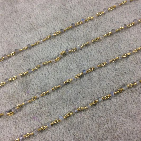 Gold Plated Sterling Silver Wrapped Rosary Chain with 3-4mm Faceted Labradorite Rondelle Shape Beads - Sold per Foot! (SS003-GD)