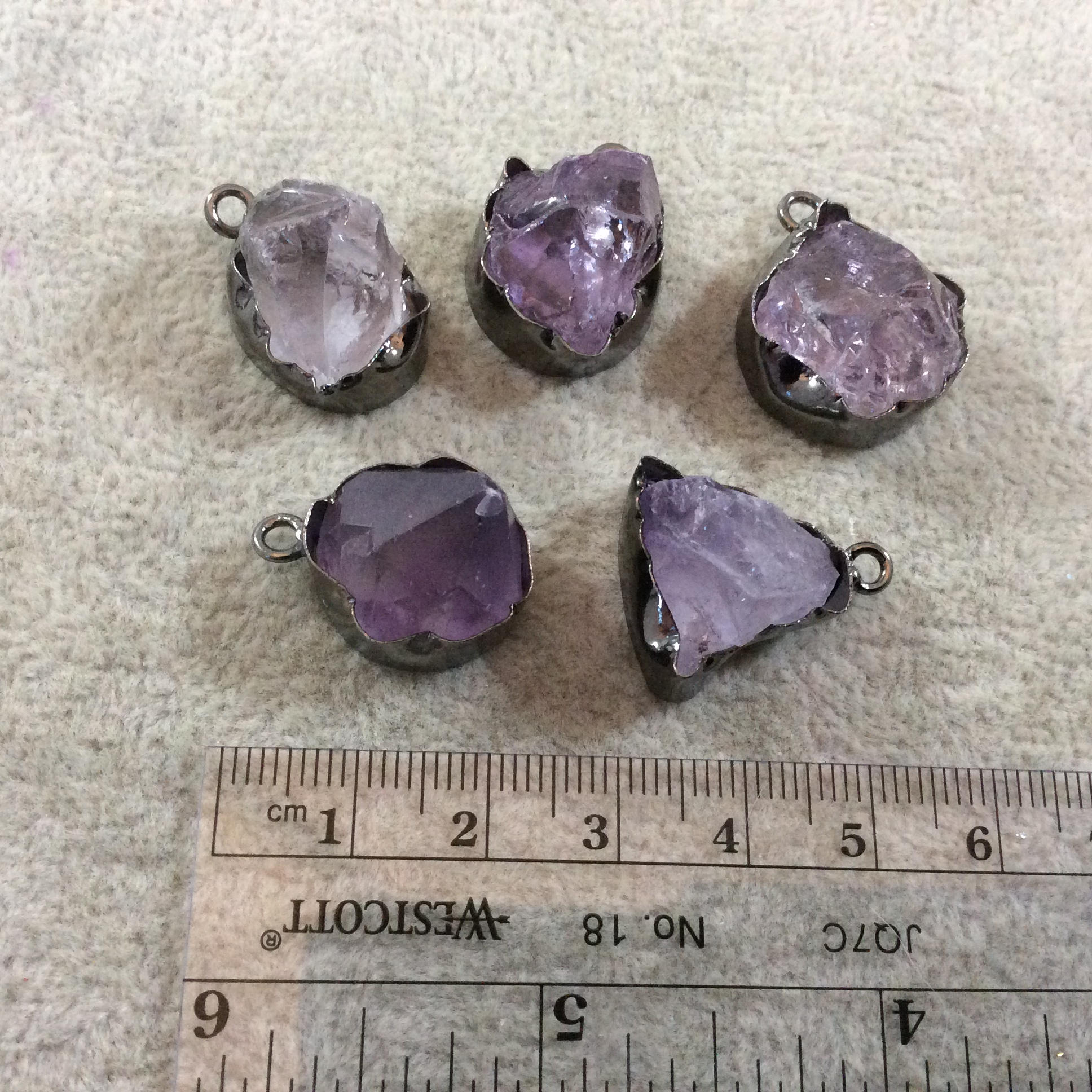 Gunmetal  Finish Medium Raw Nugget Genuine Pale Amethyst Wavy Bezel Pendant - ~ 15mm - 19mm Long - Sold Individually, Selected Randomly