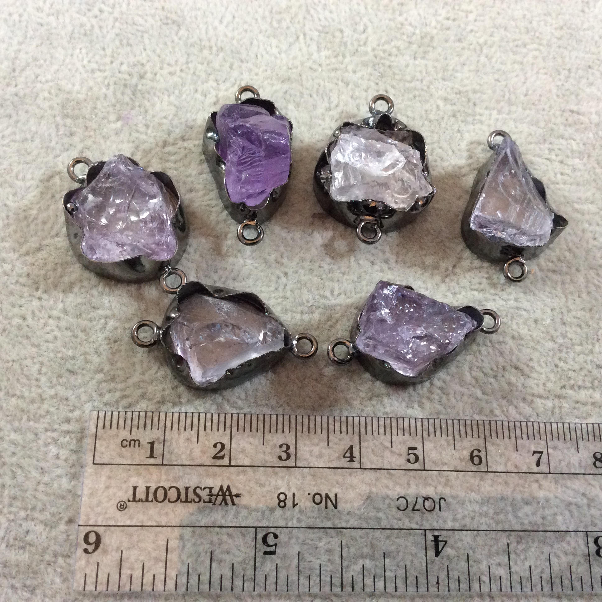 Gunmetal Finish Medium Raw Nugget Genuine Pale Amethyst Wavy Bezel Connector - ~ 15mm - 18mm Long - Sold Individually, Selected Randomly