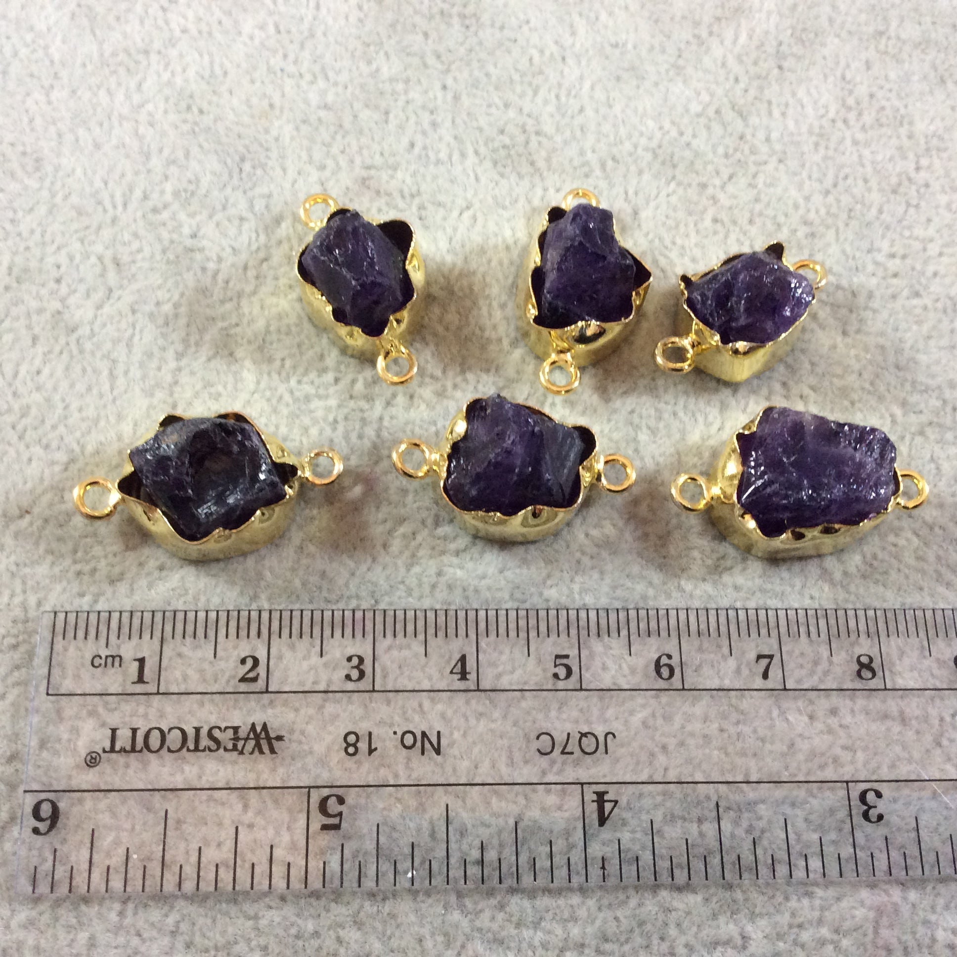 Gold Finish Medium Raw Nugget Genuine Dark Amethyst Wavy Bezel Connector - 17mm - 20mm Long, Approx. - Sold Individually, Selected Randomly