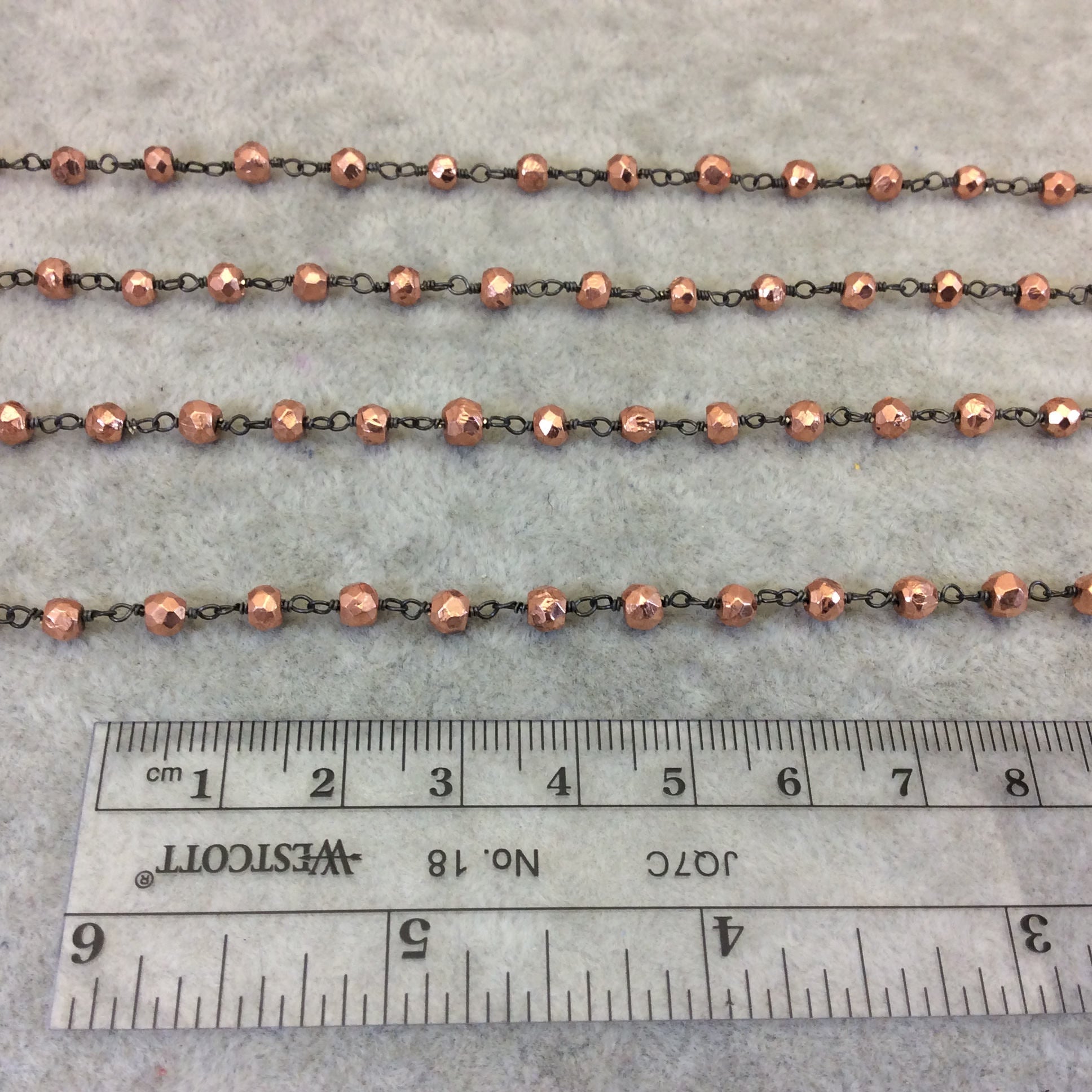 Gunmetal Plated Copper Wrapped Rosary Chain with 3-4mm Faceted Rose Gold Plated Pyrite Rondelle Beads (173-GM) - Sold by 1' Cut Sections!