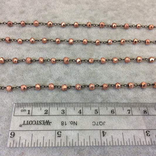 Gunmetal Plated Copper Wrapped Rosary Chain with 3-4mm Faceted Rose Gold Plated Pyrite Rondelle Beads (173-GM) - Sold by 1' Cut Sections!