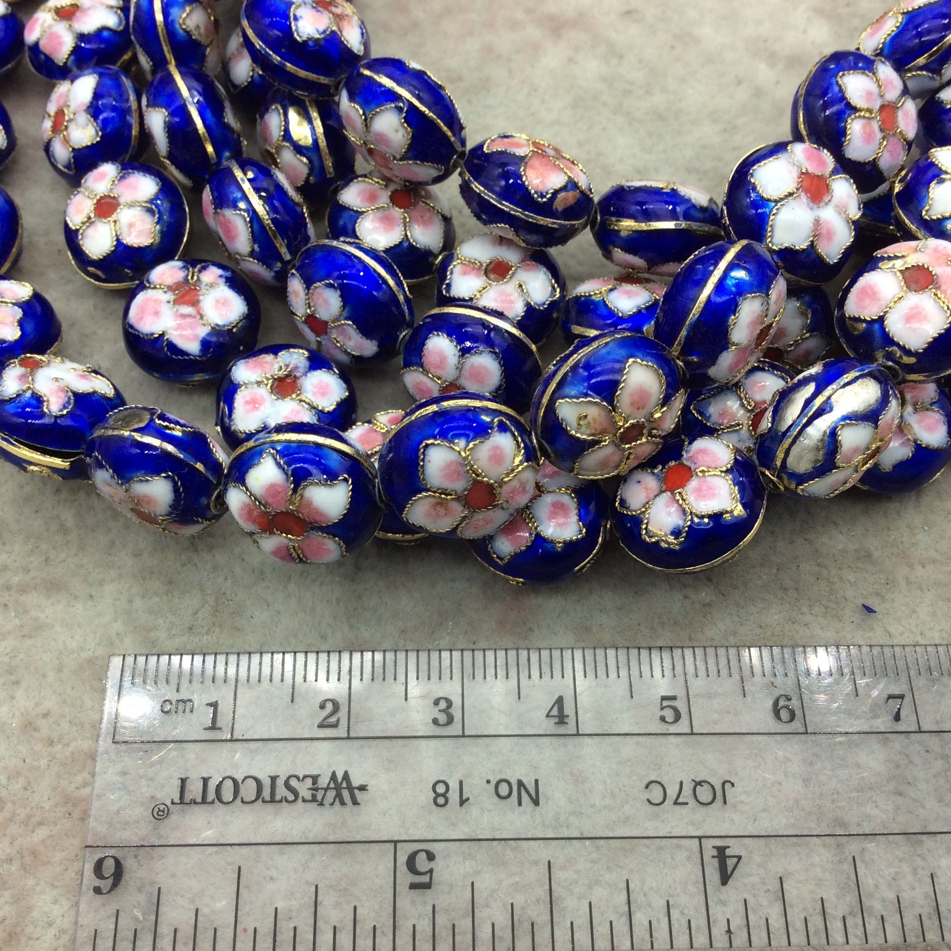 15mm Decorative Floral Cobalt Blue Round Pillow Shaped Metal/Enamel Cloisonné Beads - Sold by 15" Strands (Approx. 28 Beads Per Strand)