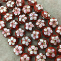 15mm Decorative Floral Red Round Pillow Shaped Metal/Enamel Cloisonné Beads - Sold by 15" Strands (Approx. 28 Beads Per Strand)