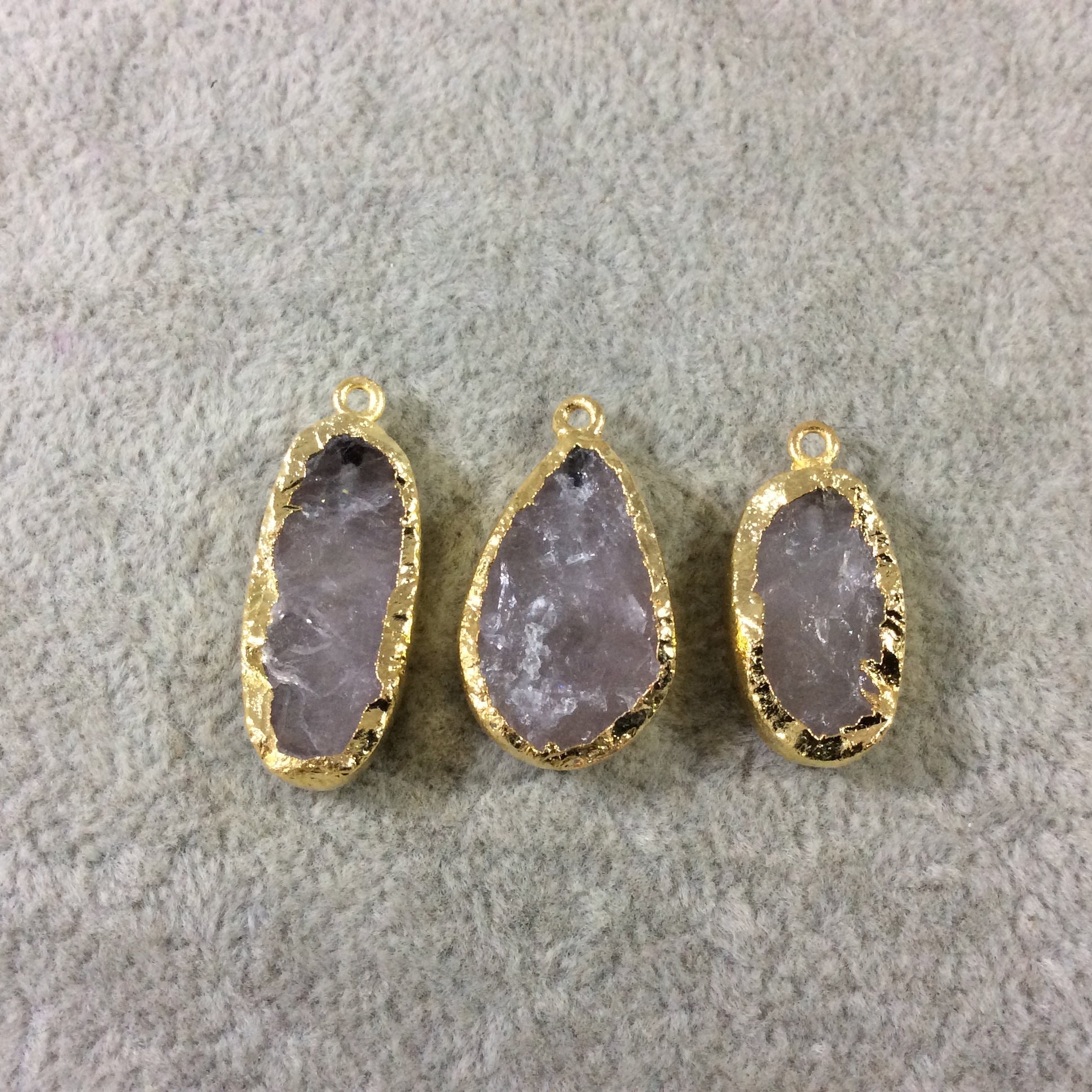 Jeweler's Lot  of Three Gold Electroformed Natural Rough Rose Quartz Freeform Pendants "RQE22"- ~  20mm - 25mm Long - Quality Raw Gemstone