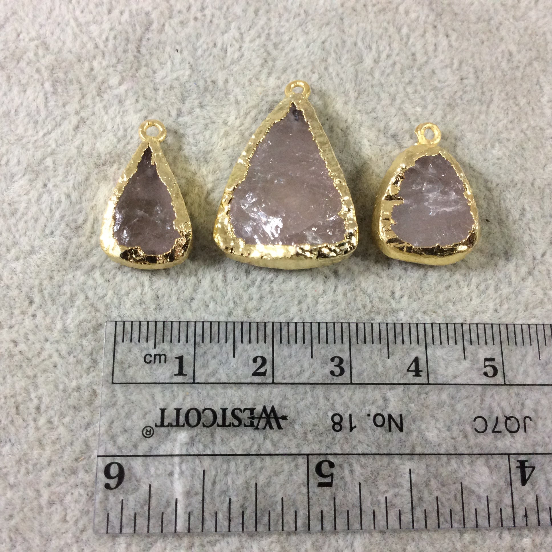 Jeweler's Lot  of Three Gold Electroformed Natural Rough Rose Quartz Freeform Pendants "RQE19"- ~  17mm - 23mm Long - Quality Raw Gemstone