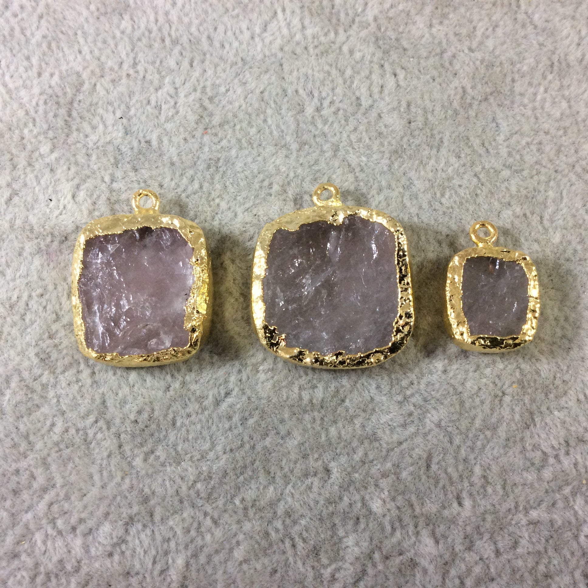 Jeweler's Lot  of Three Gold Electroformed Natural Rough Rose Quartz Freeform Pendants "RQE13"- ~  12mm - 20mm Long - Quality Raw Gemstone