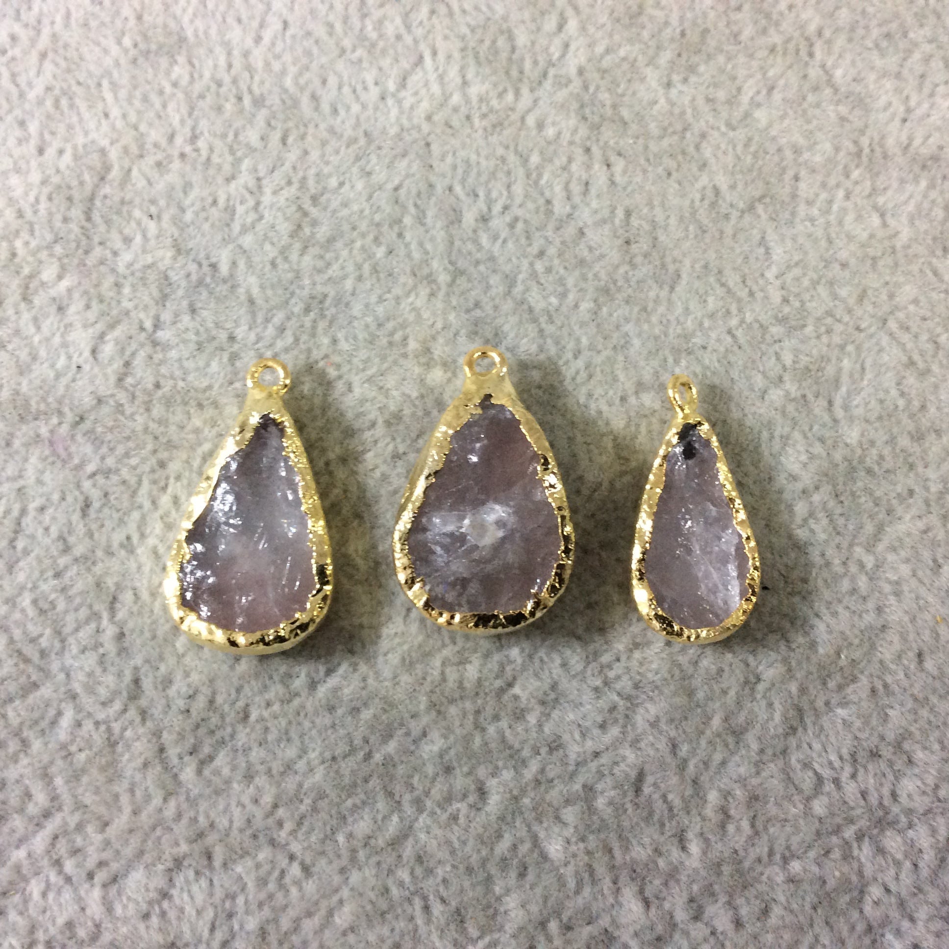 Jeweler's Lot  of Three Gold Electroformed Natural Rough Rose Quartz Freeform Pendants "RQE17"- ~  18mm - 22mm Long - Quality Raw Gemstone