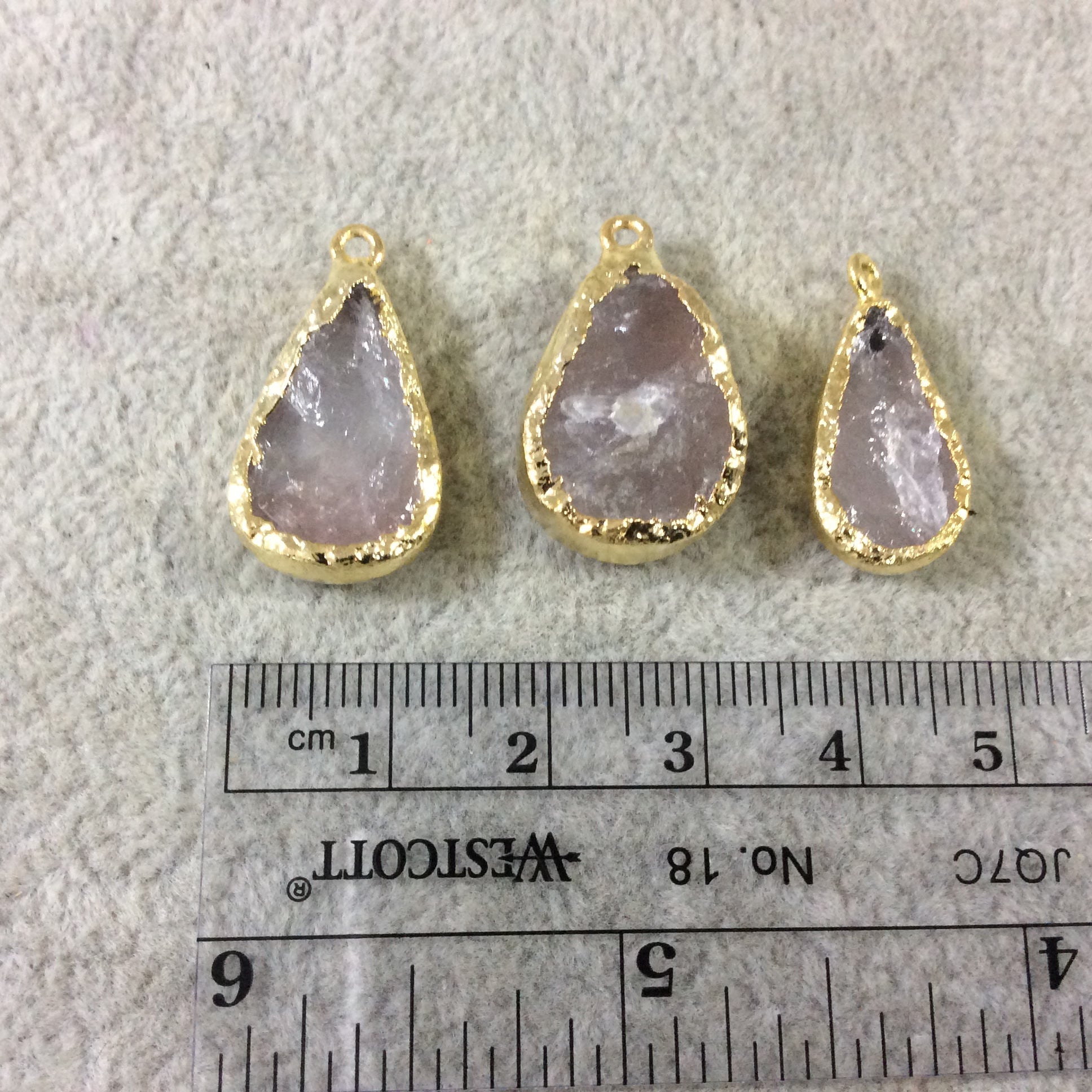 Jeweler's Lot  of Three Gold Electroformed Natural Rough Rose Quartz Freeform Pendants "RQE17"- ~  18mm - 22mm Long - Quality Raw Gemstone