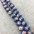 10mm x 12mm Decorative Floral Medium Blue Rondelle Shape Metal/Enamel Cloisonné Beads - Sold by 15" Strands (~ 35 Beads Per Strand)