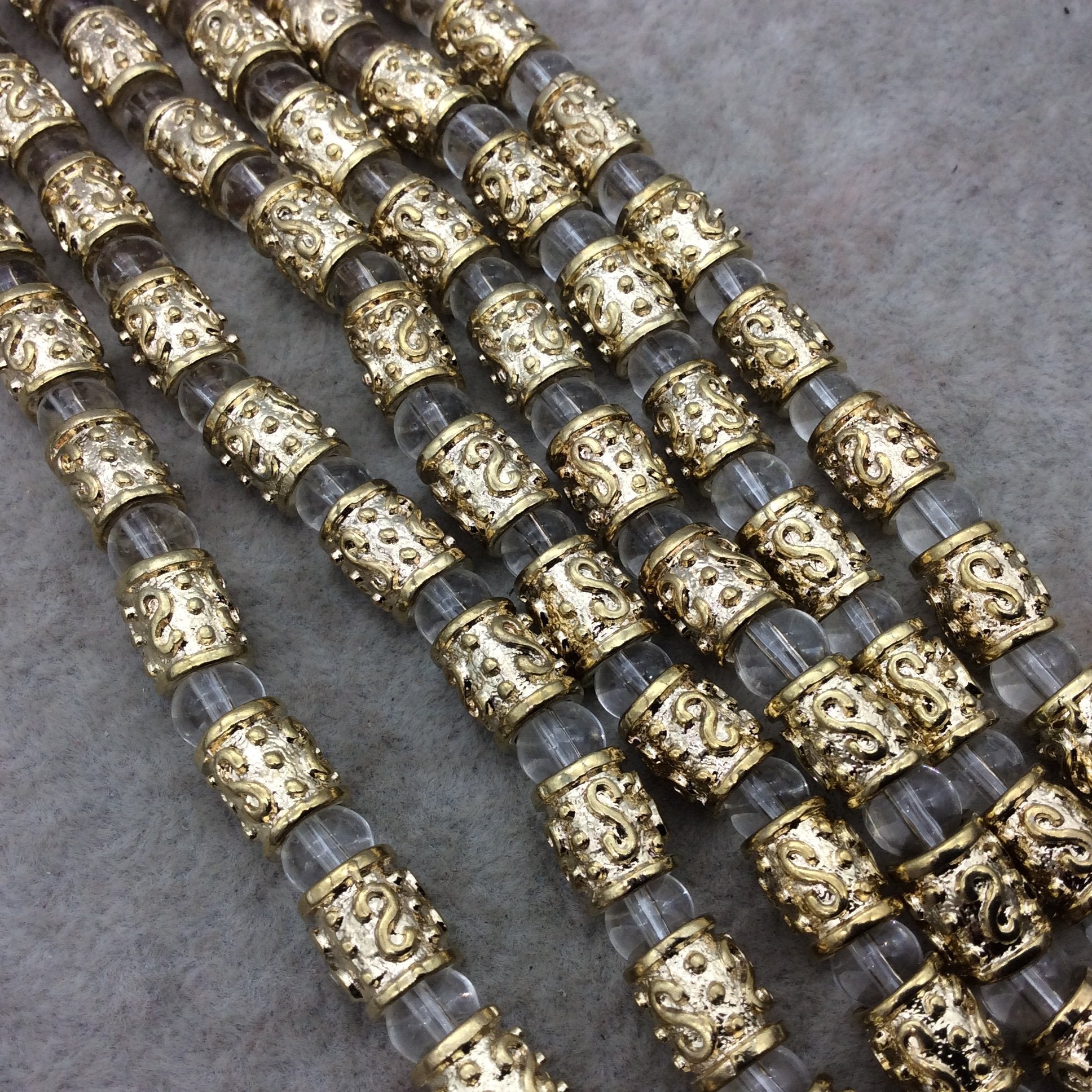 Gold Finish S Pattern Barrel Shape Plated Pewter Beads - 8" Strand (Approx. 14 Beads) - 8mm x 10mm - 5mm Hole Size