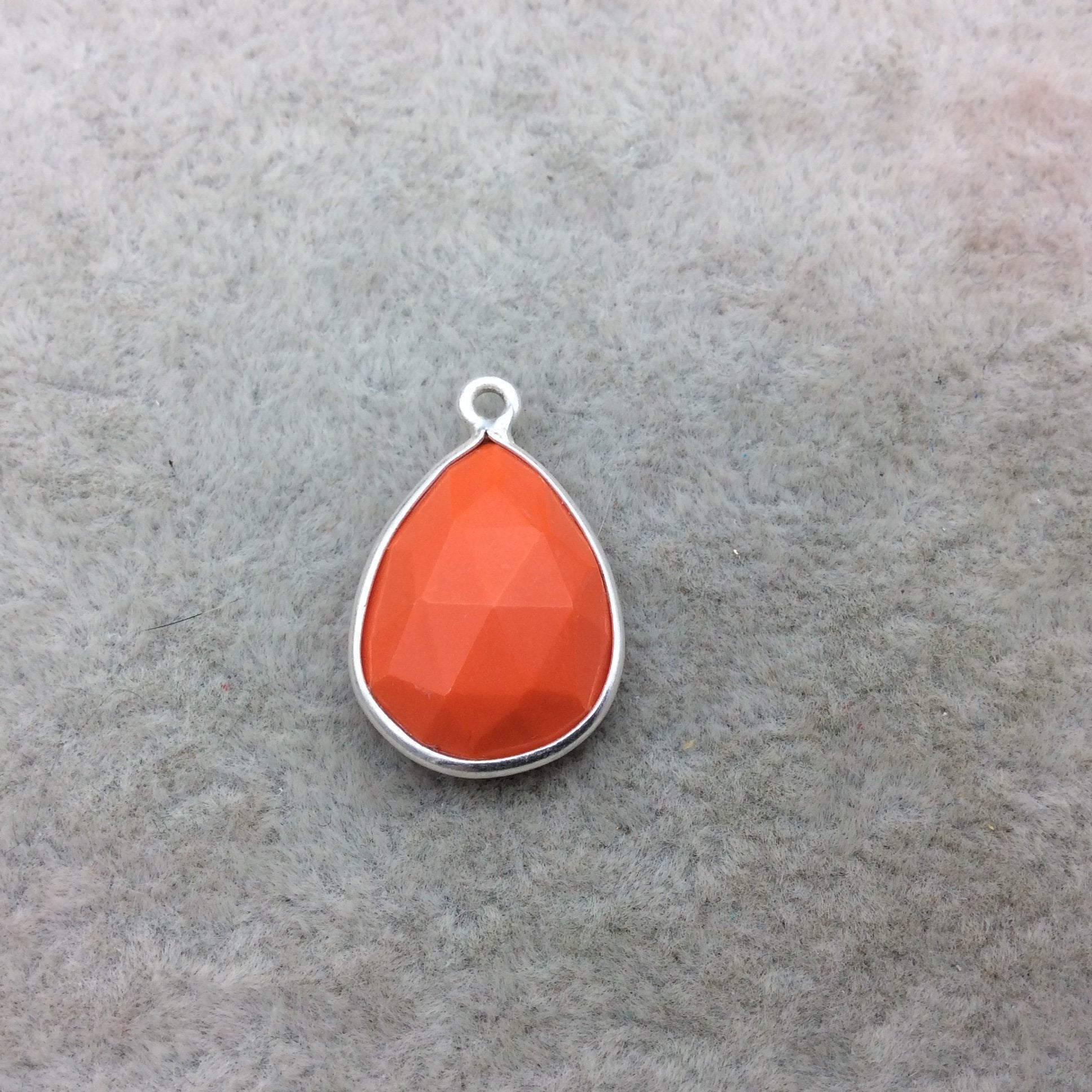 Sterling Silver Faceted Teardrop Shape Opaque Orange  Hydro (Man-made) Chalcedony Bezel Pendant ~ 13mm x 18mm - Sold Per Each