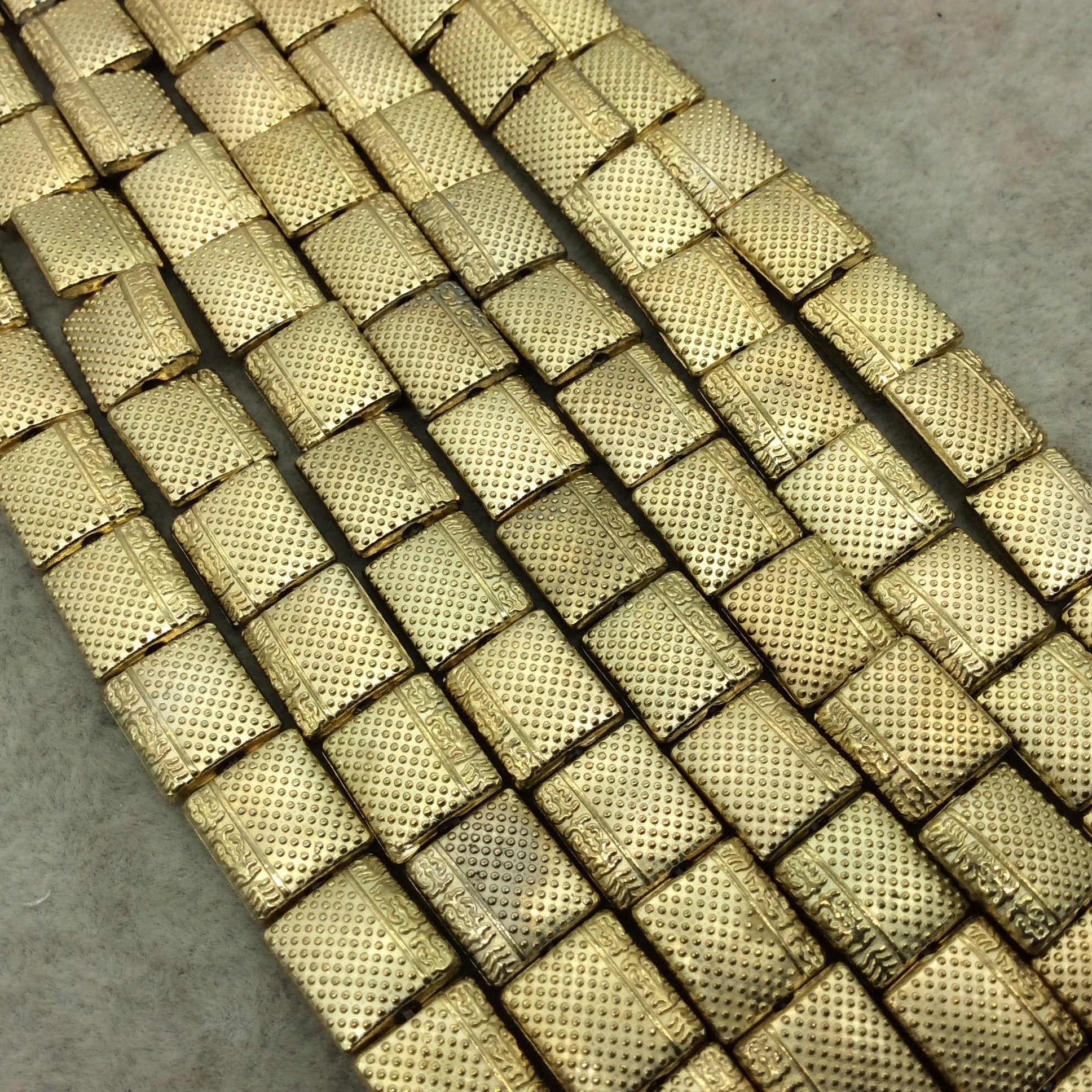 Gold Finish Dotted/Border Design Flat Rectangle Plated Pewter Beads (29281)- 7-8" Strand (Approx. 19 Beads) - 9mm x 10mm  - 1mm Hole Size