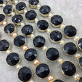 14mm x 14mm Gold Electroplated Glossy Finish Faceted Opaque Black Onyx Crystal Round/Coin Beads  - Sold by 7" Strands (10 Beads) -