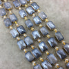 10mm x 14mm Gold Electroplated Glossy Finish Faceted Opaque Gray Crystal Rectangle Beads  - Sold by 7" Strands (10 Beads) -