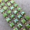 12mm x 12mm Gold Electroplated Glossy Finish Faceted Opaque Apple Green Crystal Square Beads  - Sold by 7" Strands (10 Beads) -