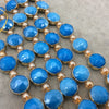 14mm x 14mm Gold Electroplated Glossy Finish Faceted Opaque Medium Blue Crystal Round/Coin Beads  - Sold by 7" Strands (10 Beads) -