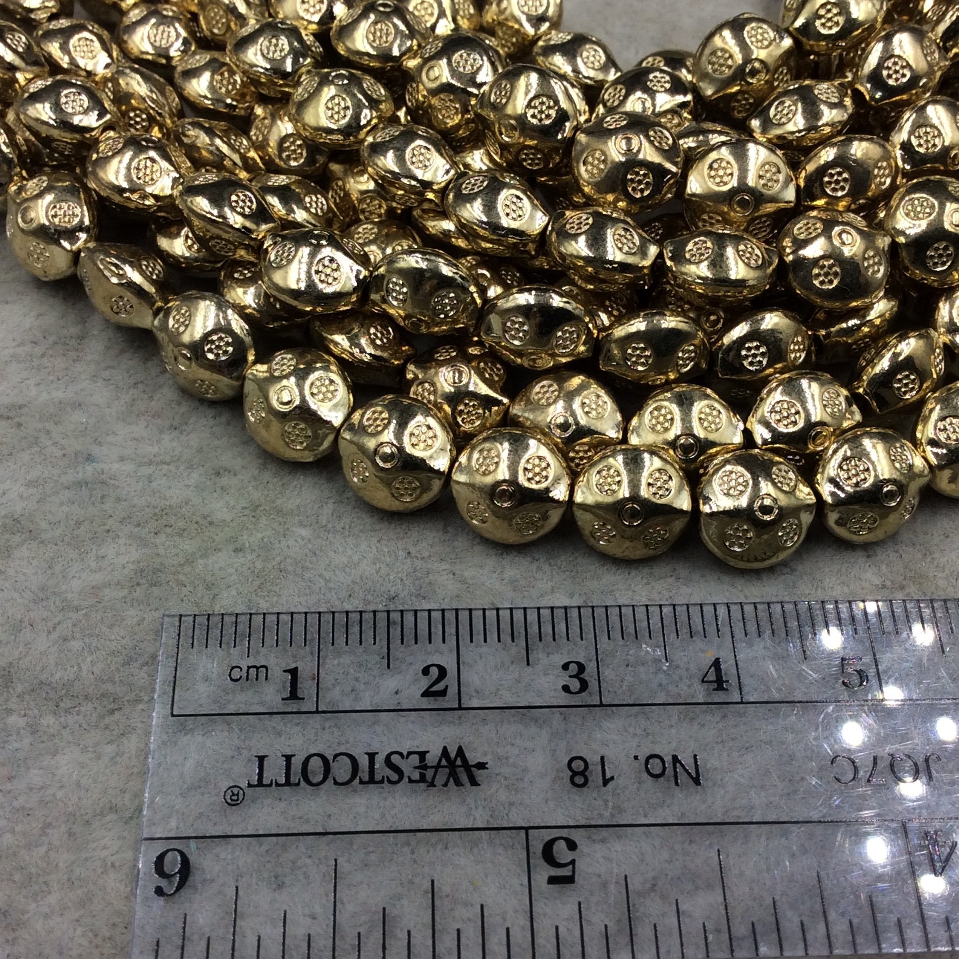 Gold Finish Dotted Pattern Flattened Round/Saucer Shape Plated Pewter Beads (11436)- 8" Strand (Approx 20 Beads) - 9mm x 9mm - 2mm Hole Size