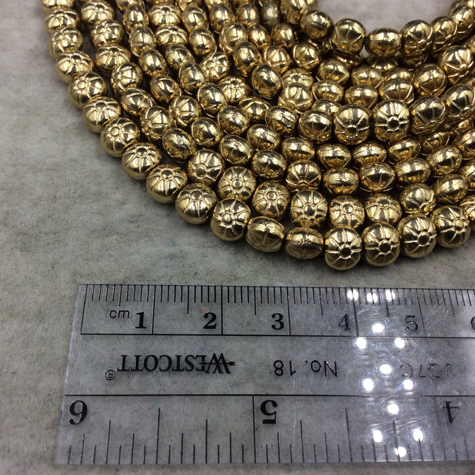 Gold Finish Floral Pattern Puffed Round Shape Plated Pewter Beads (03377)- 8" Strand (Approx. 34 Beads) - 6mm x 6mm - 1mm Hole Size