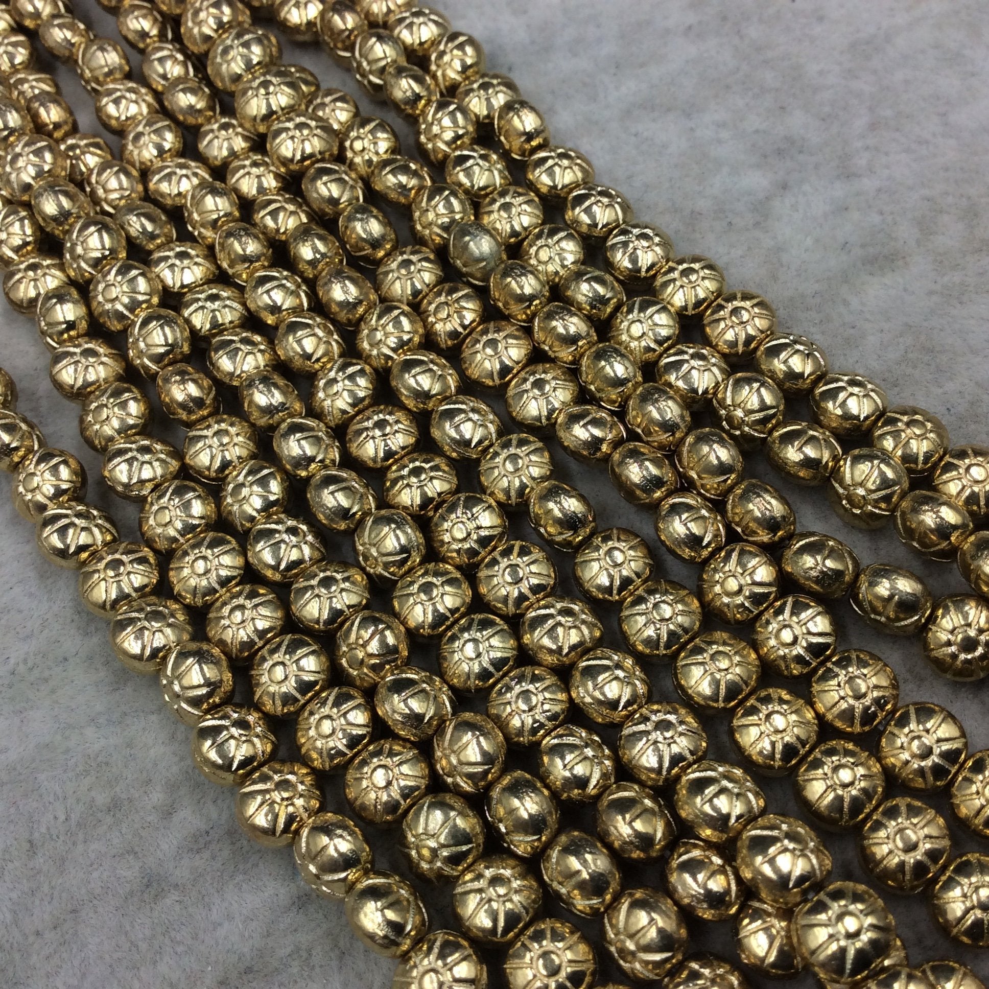 Gold Finish Floral Pattern Puffed Round Shape Plated Pewter Beads (03377)- 8" Strand (Approx. 34 Beads) - 6mm x 6mm - 1mm Hole Size