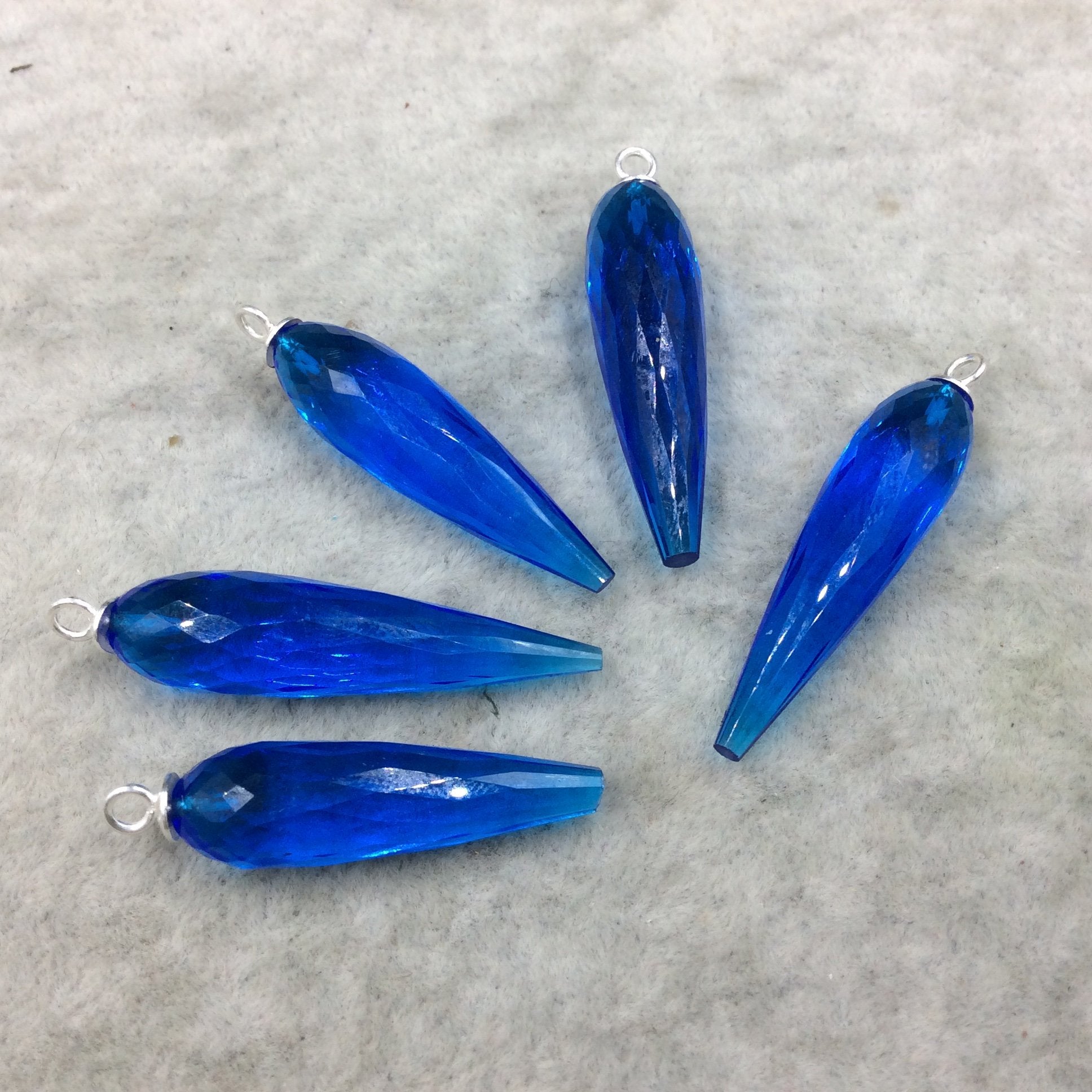 Large Sterling Silver Finish Faceted Spike Transparent Cobalt Blue Quartz Bezel Component  ~10 x 35-40mm - Sold Per Each, Selected at Random