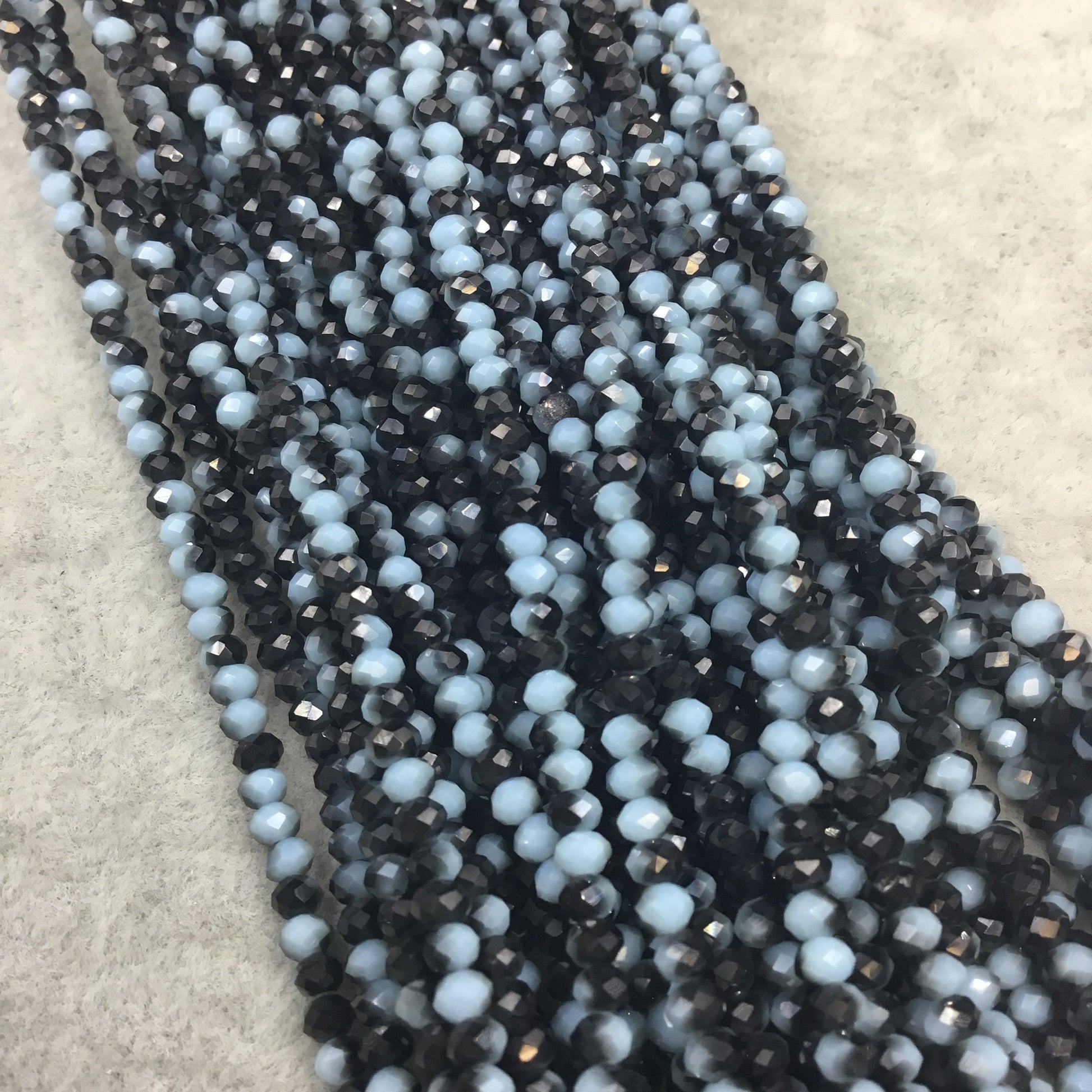 DISC - 3mm AB Finish Faceted Opaque Pale Blue/Black Chinese Crystal Rondelle Beads - Sold by 16" Strands (Approx. 147 Beads)