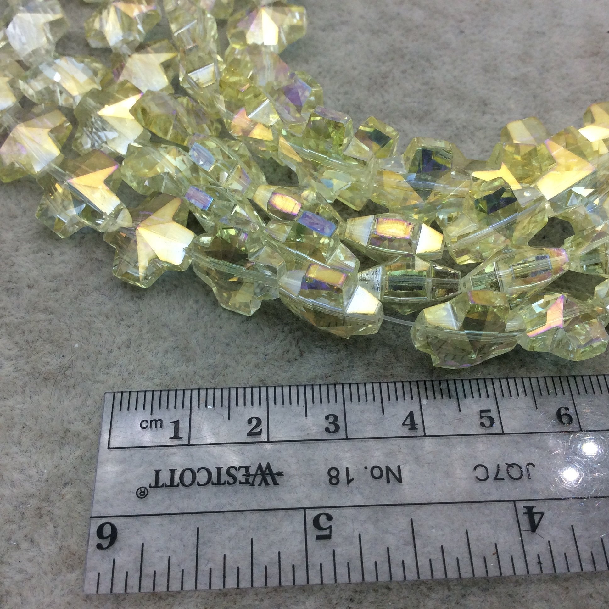 13mm x 13mm Glossy Faceted Transparent/Metallic Pale Yellow Crystal Glass Cross Shaped Beads - Sold By 12" Strands (~ 22 Beads)