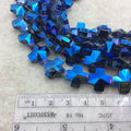 13mm x 13mm Glossy Faceted Transparent/Metallic Metallic Blue Crystal Glass Cross Shaped Beads - Sold By 12" Strands (~ 22 Beads)