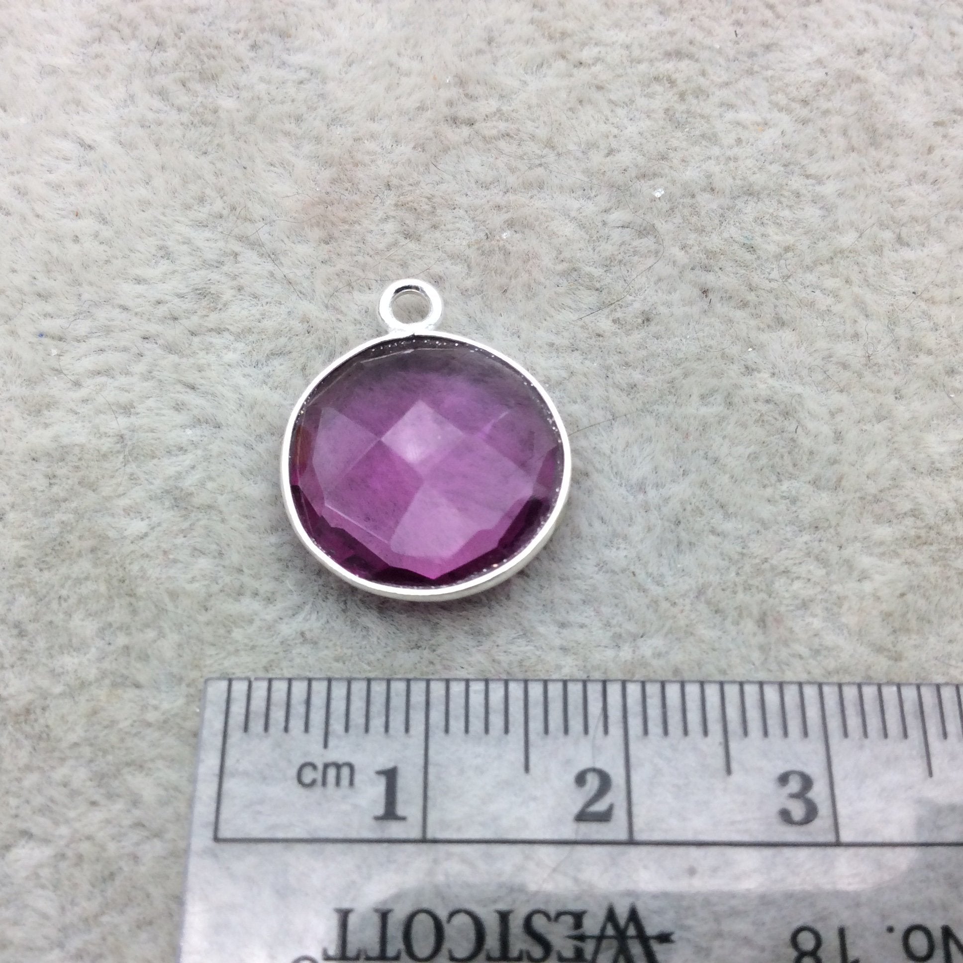 Sterling Silver Faceted Magenta (Lab Created) Quartz Round Shaped Bezel Pendant - Measuring 16mm x 16mm - Sold Individually