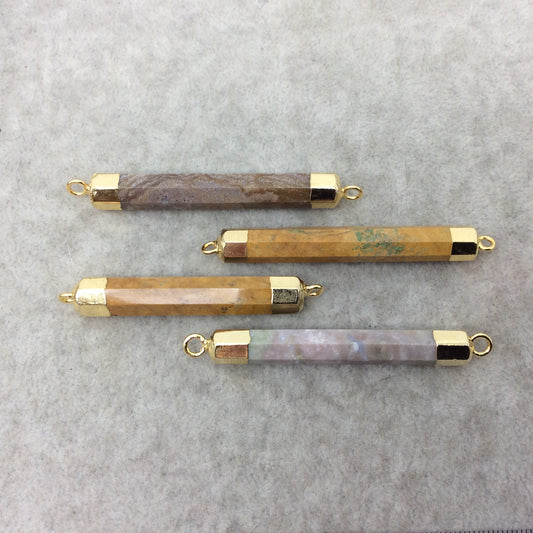 2-2.25" Single Gold Plated Natural Mixed Jasper Rod/Cylinder Shaped Gemstone Connector/Link - Measuring 8mm x 50-60mm, Approx. - Random