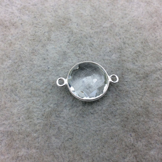 Sterling Silver Faceted Clear (Lab Created) Quartz Round Shaped Bezel Connector - Measuring 15mm x 15mm - Sold Individually