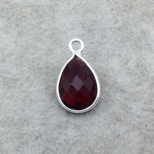 Sterling Silver Faceted Deepest Red (Lab Created) Quartz Teardrop Shaped Bezel Pendant - Measuring 10mm x 13mm - Sold Individually