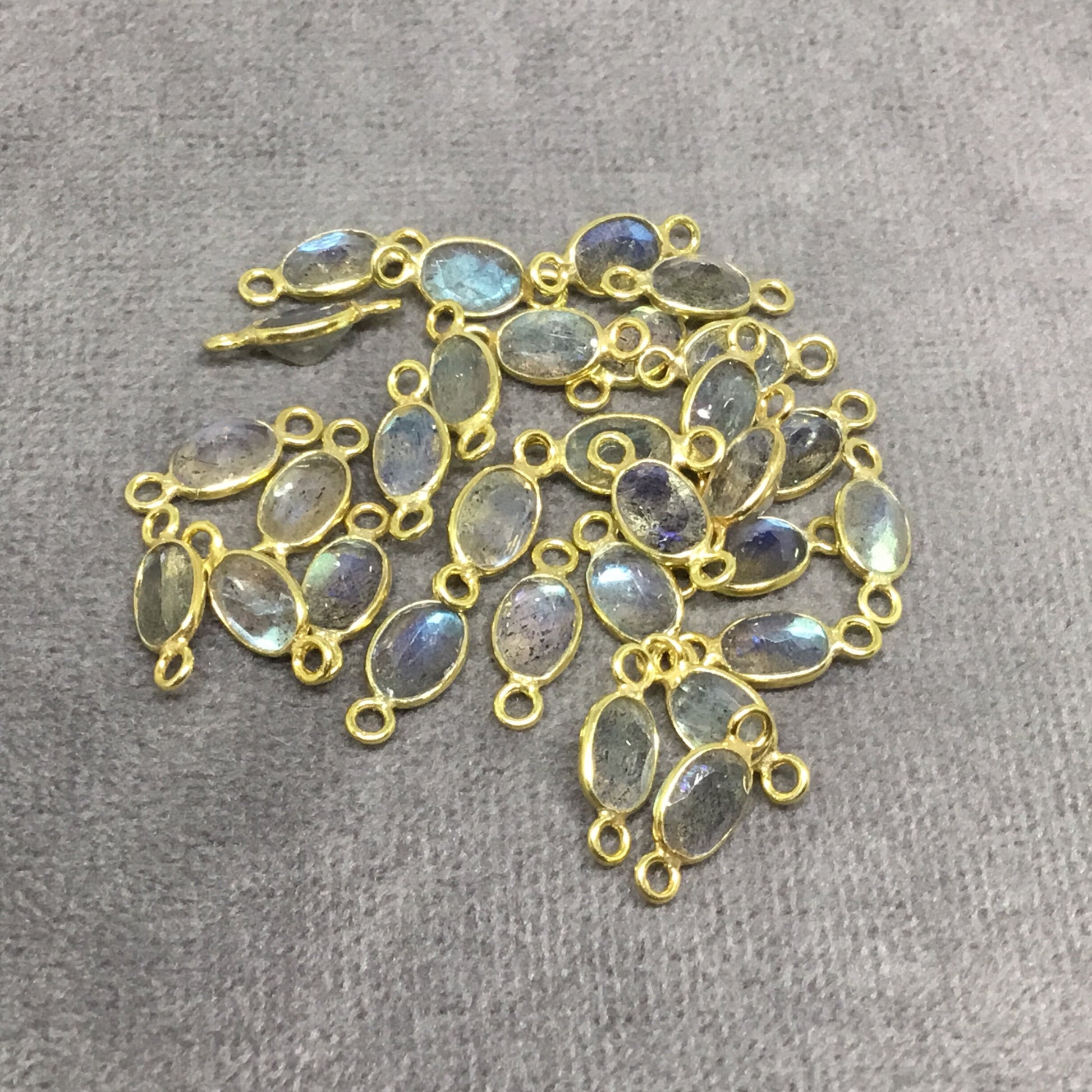 BULK LOT - Pack of Six (6) Gold Sterling Silver Pointed/Cut Stone Faceted Oval Shaped Labradorite Bezel Connectors - Measuring 4mm x 6mm