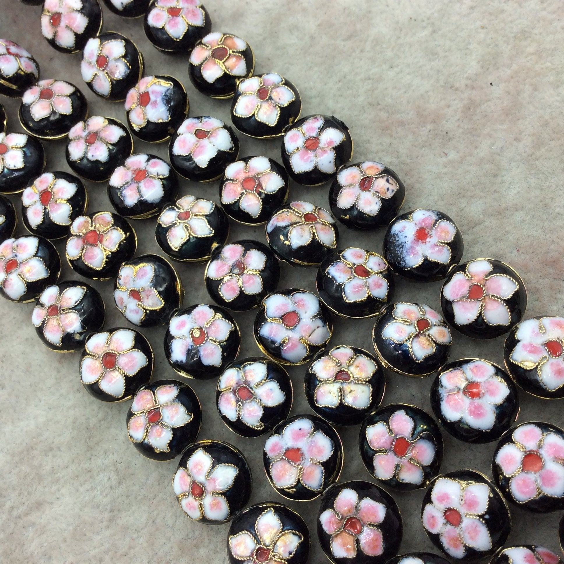 15mm Decorative Floral Black Round Pillow Shaped Metal/Enamel Cloisonné Beads - Sold by 15" Strands (Approx. 28 Beads Per Strand)