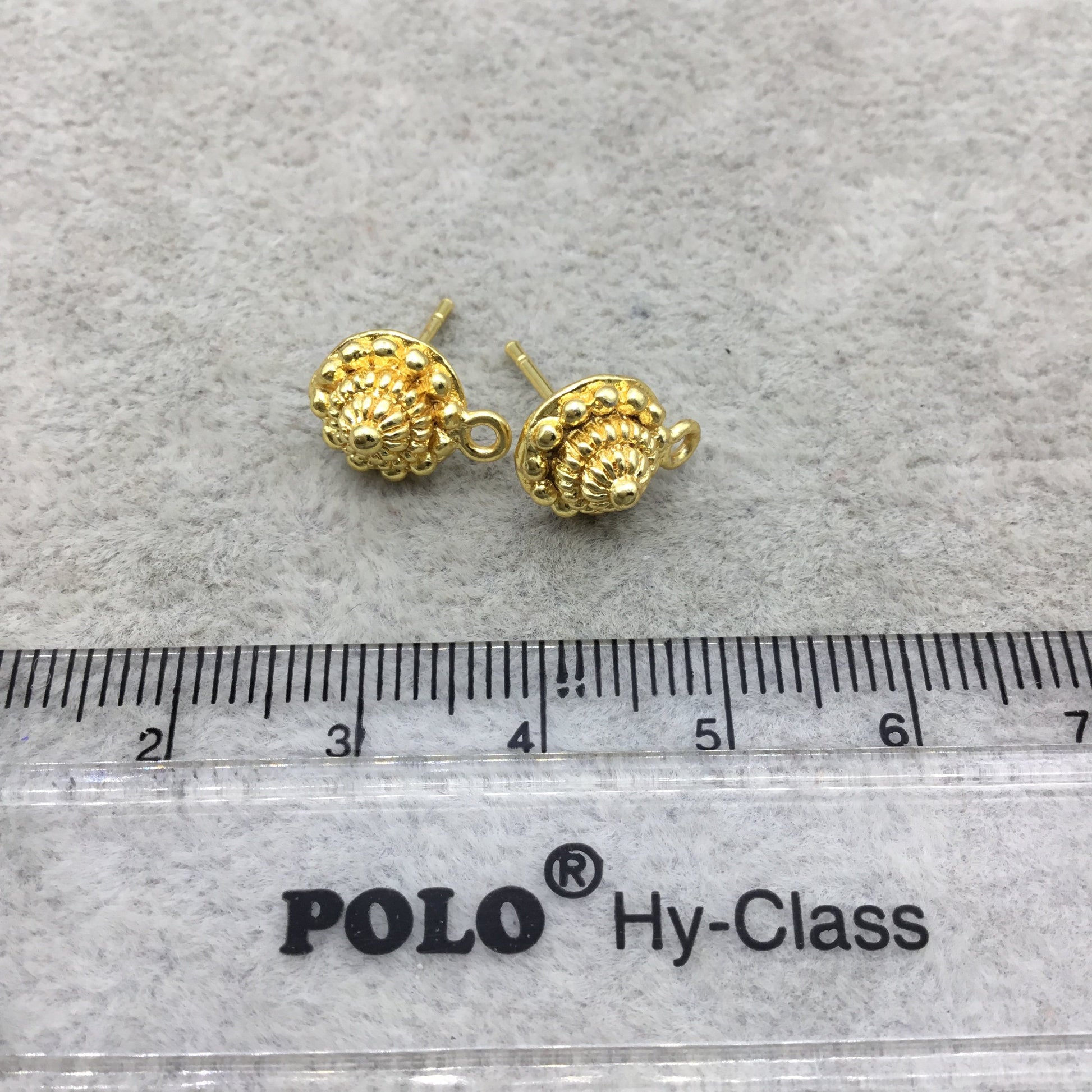 9mm - 18k Gold Overlay Round Pyramid Embossed Post Clip With Loop - High Quality Earring Finding - 1 Pairs Per Pack (2 Pieces Total)