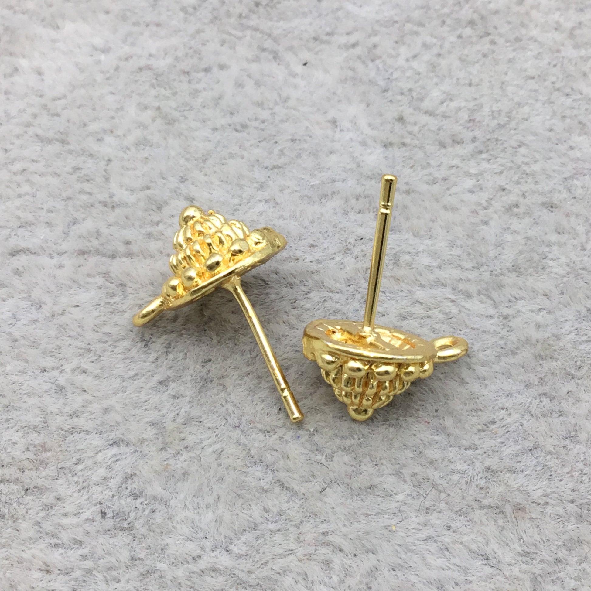 9mm - 18k Gold Overlay Round Pyramid Embossed Post Clip With Loop - High Quality Earring Finding - 1 Pairs Per Pack (2 Pieces Total)