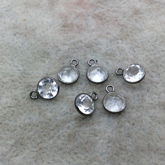 BULK PACK of Six (6) Gunmetal Sterling Silver Pointed/Cut Stone Faceted Round/Coin Shaped Clear Quartz Bezel Pendants - Measuring 6 x 6mm