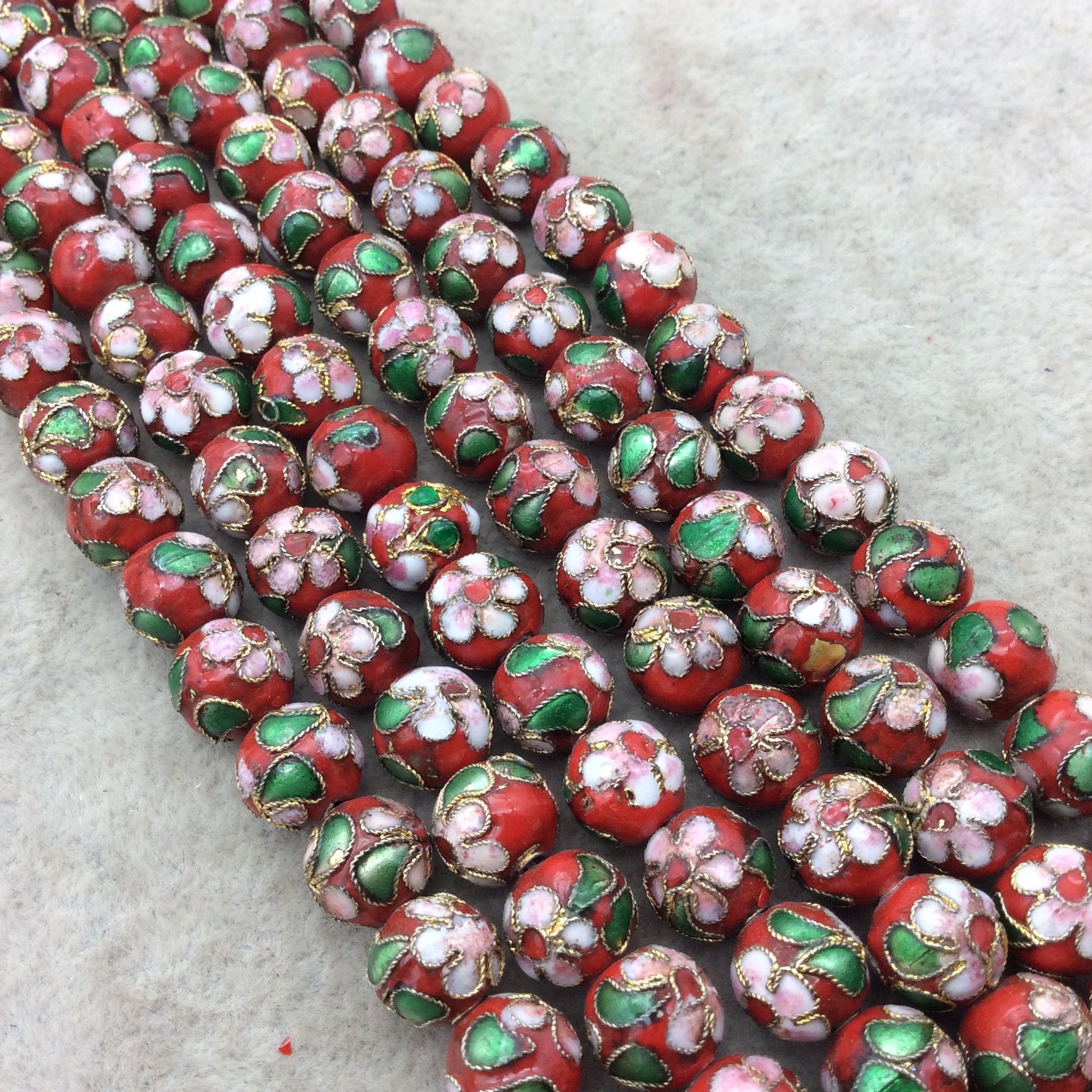 10mm Decorative Floral Red Puffed Round/Ball Shaped Metal/Enamel Cloisonné Beads - Sold by 15" Strands (~ 42 Beads Per Strand)